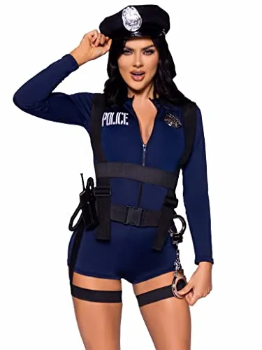 LEG AVENUE Damen 87135 03801 - Erotisches Kostüm in Blau und Silber - Erotische Kostüme für Damen, 6-teiliges Set inklusive Reißverschluss, Spielzeug Walkie Talkie und Handcuffs für unvergessliche Nächte.