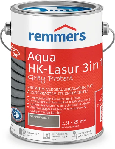 Remmers HK-Lasur 3in1 Grey Protect - graphitgrau, 2,5 Liter - Premium Holzlasur für außen, vereint Imprägnierung, Grundierung und Lasur in einem Produkt. Ideal für Zaun, Carport oder Gartenhaus. Schnelltrocknend, langlebig und umweltverträglich.