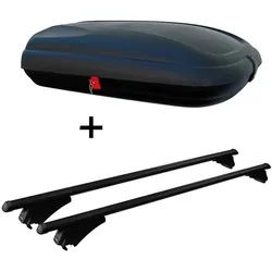 VDP Dachbox, (ALLES IN EINEM - Sparen Sie sich die Auswahl mehrerer Komponenten für Ihre perfekte Transportlösung - Mit dem Set aus Dachbox und Dachträger erhalten Sie ein leicht zu montierendes Komplettpaket mit allen Befestigungsteilen. Die Box im Kohlefaser-Look überzeugt mit ihrem sportlichen Design und ihrer einzigartigen Dynamik), Alu CA320 Dachbox Dachträger kompatibel mit Mitsubishi Outlander PHEV ab 14 aufliegende Reling