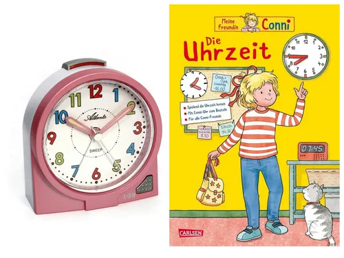 Kinderwecker ohne Ticken + Lernbuch CONNI Uhrzeit Mädchen Rosa - 2127/17 BU