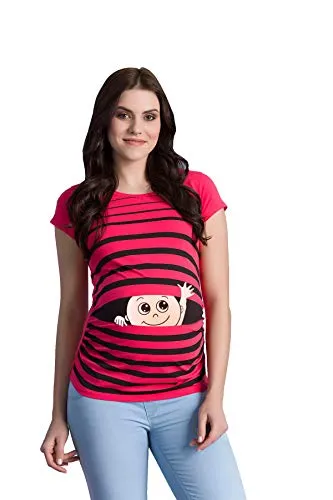 Winke Winke Baby - Lustige witzige süße Umstandsmode gestreiftes Umstandsshirt mit Motiv für die Schwangerschaft Schwangerschaftsshirt, Kurzarm (Koralle, Large)
