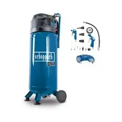 Scheppach HC51V Kompressor mit 13-tlg. Set & 8m Schlauch - 10 bar, ölfrei, 50 Liter - Kompakter 50L ölfreier Kompressor mit 220 L/min Ansaugleistung, ideal für Heimwerker. Schneller Werkzeugwechsel durch 2 Schnellanschlusskupplungen und platzsparende Bauweise für enge Räume.