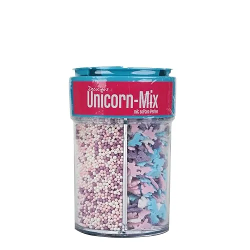 Decocino Streusel-Mix EinhornMix – ZuckerPerlen StreuKonfetti – TortenDeko KuchenDeko MuffinDeko – EinhornDeko für Fondant Zuckerwatte CakePops, 90 gramm