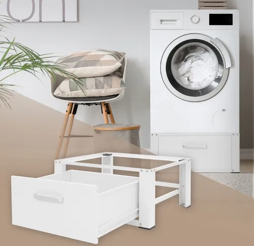 ML-Design Waschmaschinen Untergestell mit Schublade 63x54cm - Podest für Waschmaschinen mit praktischer Schublade, ergonomisch erhöht für rückenschonendes Beladen und mit stabiler Traglast von bis zu 150kg.