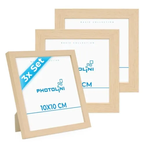 PHOTOLINI Bilderrahmen 10x10 Holz Natur aus MDF, 3er Set Poster-Rahmen, bruchsicheres Acrylglas, zum Aufhängen & Aufstellen, extra Zubehör - für Fotos & Poster