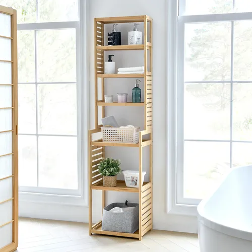 [en.casa] Standregal Forssa aus Bambus – 165 x 42 x 28 cm - Praktisches Standregal mit 7 Ablageflächen, ideal für Badezimmer, Wohnzimmer oder Küche. Platzsparend und stilvoll, aus hochwertigem Bambus gefertigt.