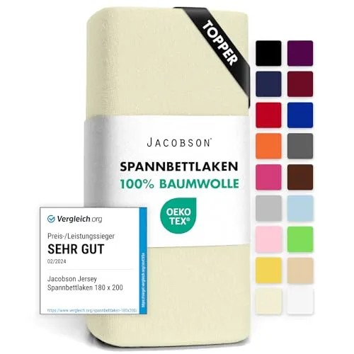 Jacobson Jersey Spannbettlaken Spannbetttuch Baumwolle Bettlaken (Topper 140-160x200 cm, Natur)