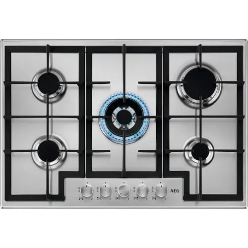 AEG HGB75400SM Slim Line Gaskochfeld, 75 cm, 5 Feuer - Kochfeld mit Speed Burner Technologie für schnelles Erhitzen, Wokbrenner für kreative Kochmöglichkeiten und integrierte Sicherheitszündung für sorgenfreies Kochen.