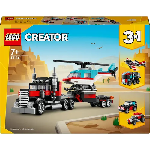 LEGO Creator 31146 Tieflader mit Hubschrauber - 3-in-1 Bauspielzeugset für kreatives Rollenspiel, 270 Teile, ideal für Kinder ab 7 Jahren