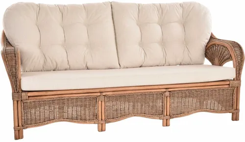 Rattan Sofa Palm - Vintage Braun Dreisitzer - Sofas & Sessel: Modernes Rattanmöbel für 3 Personen, geflochten mit bequemen Sitz- und Rückenkissen. Ideal für Lounge und Wintergarten.