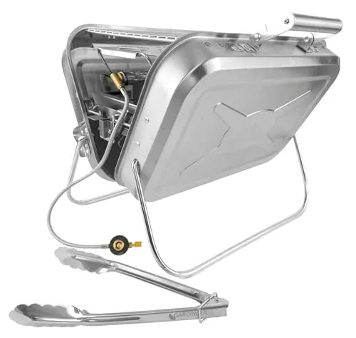 GARDINGER BBQ 45 - Praktischer Edelstahl-Koffergasgrill für Unterwegs - Kompakter Campinggrill mit großer Grillfläche für bis zu 5 Personen, ideal für Camping, Park oder Balkon. Leicht zu transportieren und in weniger als einer Minute betriebsbereit.