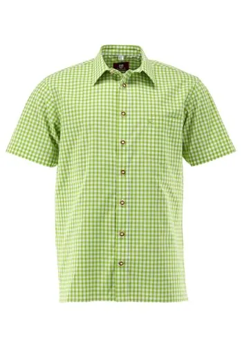OS Trachten Herren Hemd Kurzarm Zihul in giftgrün, Größe 41/42 - Stilvolles Trachtenhemd mit Liegekragen und Hirsch-Stickerei, ideal für festliche Anlässe und den Alltag.