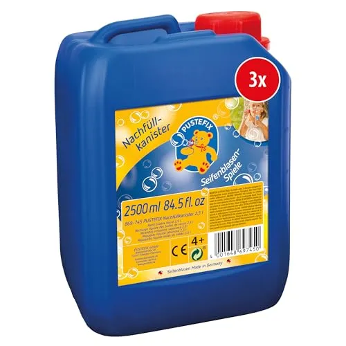 PUSTEFIX Nachfüllkanister I 3 x 2,5 l Seifenblasenflüssigkeit I Bunte Bubbles Made in Germany I Seifenblasen für Hochzeit, Kindergeburtstag, Sommerfest I Bunte Seifenblasen für Kinder & Erwachsene