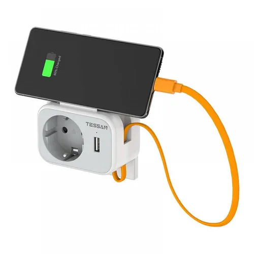 TESSAN Steckdosenadapter mit USB Ladefunktion, 1x Schutzkontakt, 1x USB-A, 15cm USB-C Kabel