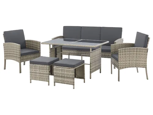 Juskys Polyrattan Gartenmöbel Sitzgruppe Turin Set 6 teilig - Stylishe 6-teilige Lounge-Sitzgruppe aus Polyrattan in grau-meliert, ideal für 7 Personen, perfekt für Balkon und Terrasse, ideal für entspannte Abende.