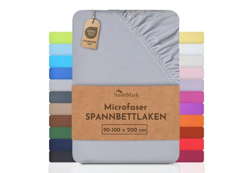 NatureMark Spannbettlaken Mikrofaser Spannbetttuch, Polyester, Gummizug: rundum, viele Größen und Farben Markenware, 90x200cm, Mittelgrau