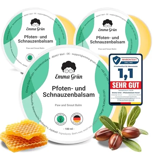 Emma Grün® Pfotenbalsam 3X 100ml - Natürlicher Pfotenschutz für Hunde - Der Emma Grün Pfotenbalsam pflegt rissige Pfoten und Nasen mit hochwertigen Inhaltsstoffen. Ideal für jedes Wetter, schützt er vor Kälte und Hitze. Hergestellt in Deutschland, schnell einziehend und ohne Flecken.