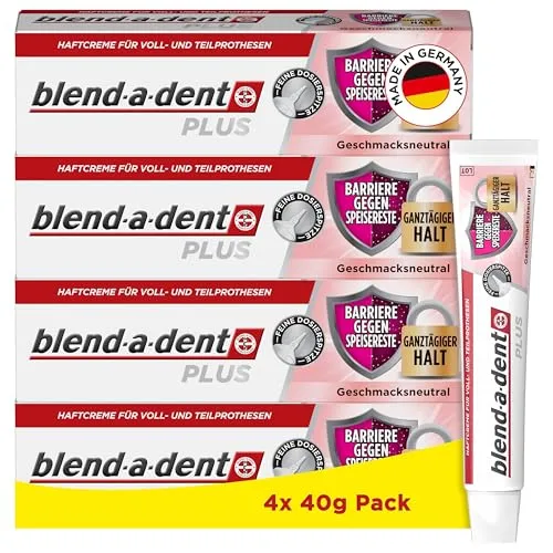 Blend-a-dent Plus Haftcreme für Prothesen 4x40g - Effektive Haftcreme zur sicheren Fixierung von Voll- und Teilprothesen, sorgt für ein angenehmes Tragegefühl.