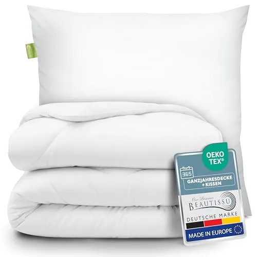 Beautissu Bettdecke und Kissen Set 135x200 – Allergikerfreundliche Ganzjahresdecke mit Kopfkissen 80x80 - Hochwertiges Bettdecke und Kissen Set für ganzjährigen Komfort – Atmungsaktive Mikrofaser, pflegeleicht und ideal für Allergiker. OEKO-TEX zertifiziert und in der EU gefertigt für besten Schlaf.