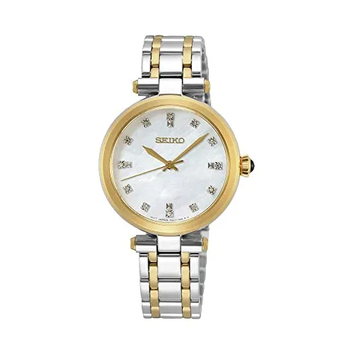 Seiko Damen-Uhr Quarz Edelstahl SRZ532P1 - Elegante Armbanduhr mit 12 Diamanten auf dem Perlmuttzifferblatt und kratzfestem Saphirglas, ideal für stilbewusste Damen.