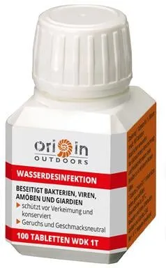 Origin Outdoors Wasserdesinfektion 100 Tabletten - Trinkwasser sicher machen - Campingzubehör mit 100 Tabletten zur effektiven Desinfektion von Trinkwasser. Schützt vor Bakterien und Viren, ideal für Reisen in unsichere Regionen.