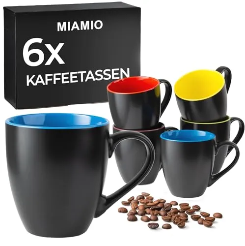 MiaMio Kaffeetassen Set - 6 x 350 ml Schwarz mit buntem Innenleben - Tassen Set aus 6 hochwertigen Steingut-Kaffeetassen, matt schwarz außen und glänzend farbig innen. Mikrowellen- und spülmaschinenfest – ideal für den täglichen Gebrauch oder als Geschenk.