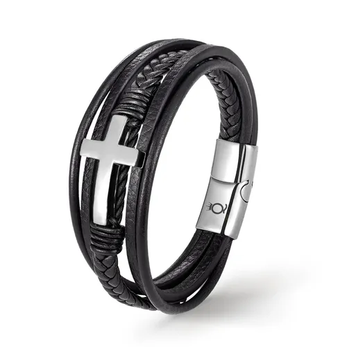 UNIQAL.de Lederarmband Lederarmband Herren mit Kreuz "HEAVEN" Jesus (Edelstahl, Echtleder, Casual Style, handgefertigt), Silber