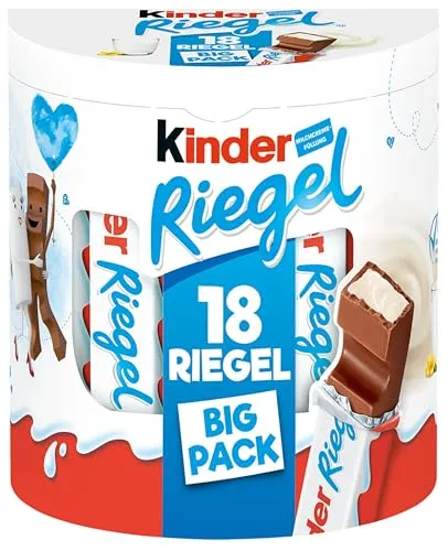 Kinder Riegel - 18 Einzelriegel, zartschmelzende Vollmilchschokolade - Schokoladenriegel mit reichhaltiger Milchcremefüllung, ohne Farb- und Konservierungsstoffe, ideal für den süßen Genuss zwischendurch.