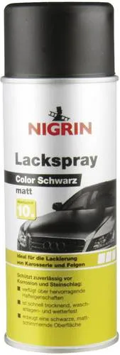 Nigrin Lackspray 74112, 400 ml, schwarz-matt - Vielseitiges Lackspray für Autos, Metall und Kunststoff. Schützt zuverlässig vor Korrosion und sorgt für eine matte, ansprechende Oberfläche. Schnell trocknend und wetterfest für dauerhaften Schutz.