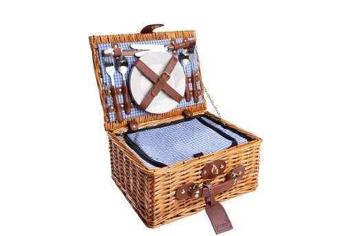 eGenuss Handgefertigter Picknickkorb für 2 Personen mit Kühlfach und Edelstahlbesteck - Picknickkorb für 2 Personen, handgefertigt aus Naturweide mit großem Kühlfach für frische Getränke und Essen. Inklusive hochwertigem Edelstahlbesteck und Porzellantellern, ideal für unvergessliche Ausflüge.