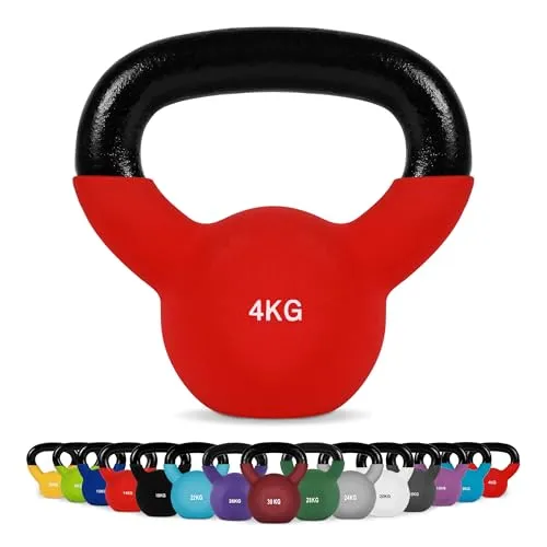 MSPORTS Kettlebell Neopren 2 – 30 kg inkl. Übungsposter (4 Kg - Rot) - Die hochwertige MSPORTS Kettlebell eignet sich perfekt für das Training zu Hause oder im Studio. Ihre Neopren-Ummantelung sorgt für einen sicheren Halt und schützt den Boden. Ideal für effektives Ganzkörpertraining!
