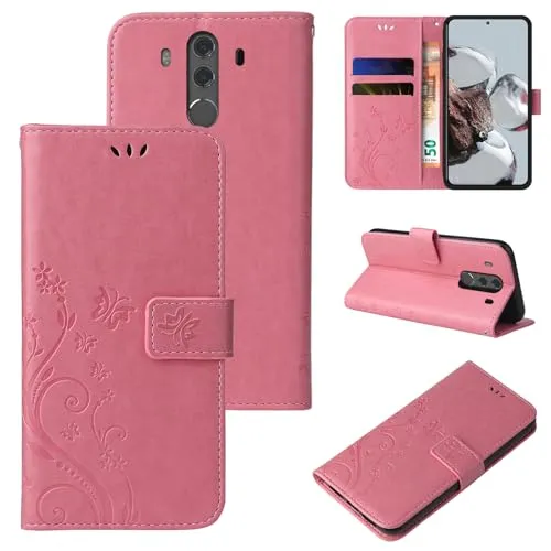 LBH Handy Hülle für Huawei Mate 10 Pro Case Handytasche Schmetterling Blumen Flower Standfunktion Schutzhülle Magnet Rundum Schutz 360 Grad Flipcase Cover Rosegold