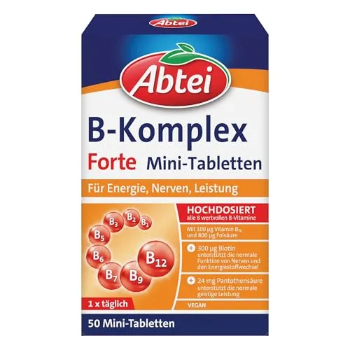 Abtei Vitamin B-Komplex Forte - Für Energie, Nerven, Leistung - Mit allen 8 B-Vitaminen und Biotin - Hochdosiert - Glutenfrei, laktosefrei, vegan - 50 Mini-Tabletten