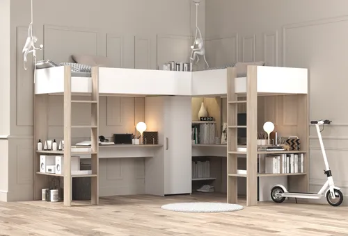 Parisot Hochbett Alex - Multifunktionales Design in Weiss / Jackson Eiche - Hochbett mit zwei Liegeflächen und integriertem Schreibtisch, ideal für Kinderzimmer. Platzsparend und funktional, bietet Stauraum und ergonomische Arbeitsplätze.