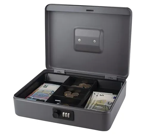 Pavo Geldkassette 8014408 - Card-Reader mit 5 Münzfächern, Zahlenschloss und herausnehmbarem Einsatz für sichere Aufbewahrung von Münzen und Geldscheinen, ideal für den täglichen Gebrauch.