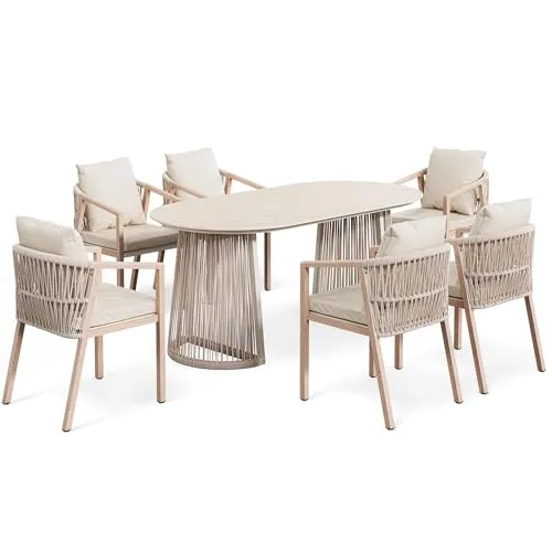 di volio Gartenmöbel Set ARNELI – beige, großzügige Gartengarnitur mit Tisch und 6 Stühlen - Großzügige Gartengarnitur für 6 Personen mit stabiler Stahlkonstruktion und pflegeleichter Sintersteinplatte. Ideal für Garten, Terrasse oder Balkon – genießen Sie entspannte Stunden im Freien!