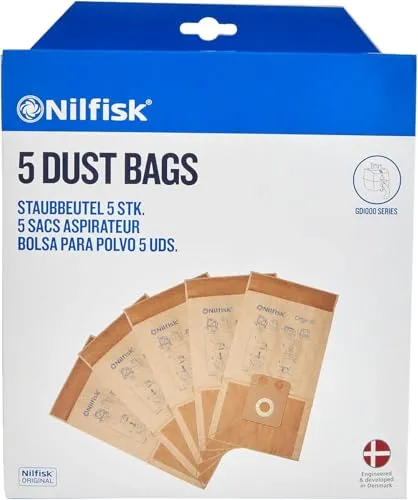Nilfisk Original 10L Staubsaugerbeutel - 5 Stück für effiziente Reinigung - Hochwertige Papiersäcke mit 10 Litern Fassungsvermögen. Ideal für Nilfisk GD, CDB und CDF Staubsauger. Sichern Sie sich eine zuverlässige Reinigungslösung mit Original-Ersatzteilen.