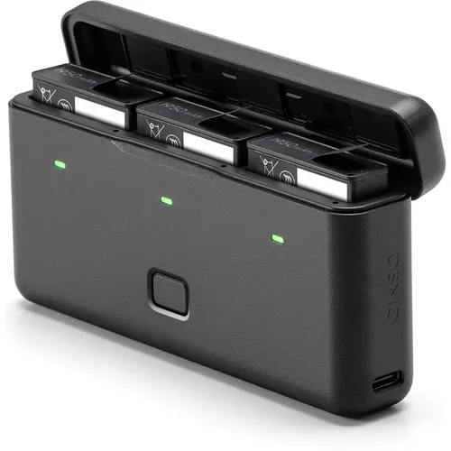 Osmo Action Akkuladeschale 2 - Multifunktionale Lade- und Speicherlösung - Action-Cams - Lädt bis zu drei Akkus schnell auf und bietet Platz für zwei microSD-Karten, ideal für Videografie unterwegs.