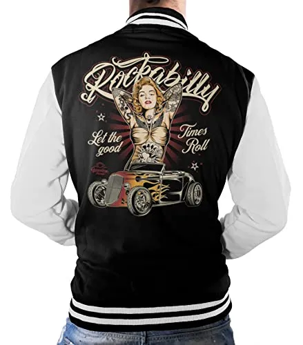 Gasoline Bandit Rockabilly Baseball College Jacke - Old School Hot Rod - Funktionsjacke mit coolem Rockabilly Motiv, aus schwerer Baumwoll-Polyester-Mischung, waschbeständig und ideal für Rockabilly Fans.