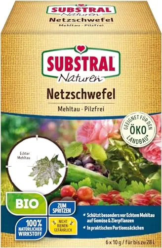 Substral Naturen Bio Netzschwefel - Pilzfreies Spritzpulver für Pflanzen - Biologisches Spritzpulver zur Bekämpfung von Pflanzenkrankheiten, ideal für Obst, Gemüse und Zierpflanzen. Mit natürlichem Wirkstoff, bienenschonend und für den ökologischen Anbau geeignet.