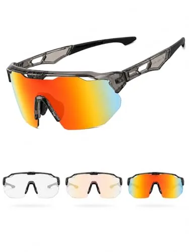 Meayll Fahrradbrille Herren Damen Selbsttönend, Photochrome Laufbrille UV400 mit Verstellbarem Nasenpad, 27g Leichte TR90 Sportbrille Sonnenbrille Schnelle Brille für Fahrrad, MTB, Outdoor, Rot