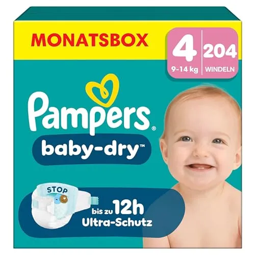Pampers Baby Dry Gr. 4 Maxi 9-14kg - 204 Stück Monatsbox, ultra-saugfähig für rundum trockene Nächte
