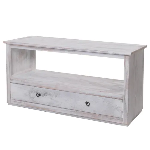 Mendler Couchtisch im Shabby-Look, Vintage ~ weiß - Stylischer Couchtisch im Shabby-Look aus leichtem Paulowniaholz, mit geräumiger Schublade und Ablagefach – perfekt für ein rustikales Ambiente.