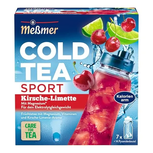 Meßmer Cold Tea Sport Kirsche-Limette | Früchtetee | Kaltaufguss mit Magnesium | ohne Zuckerzusatz | 14 Pyramidenbeutel
