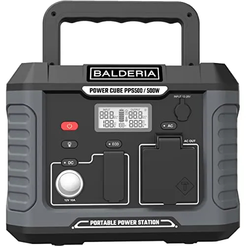 BALDERIA Outdoor Power Cube 500W - Powerstation 400Wh mit 230V Steckdose, USB & Wireless Charger. Ideal für Camping und Notfälle – kompakt, leicht und klimaneutral!