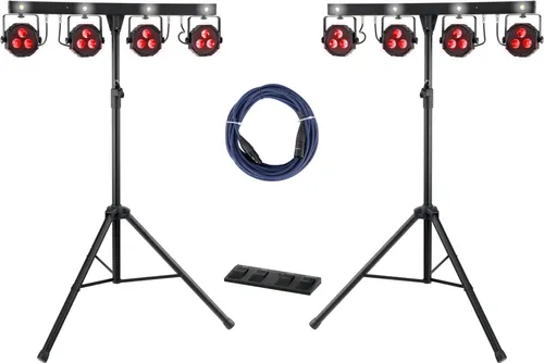 Showlite LB-4390 RGB LED Komplettanlage 2x Set - Vielseitiges Lichtsystem mit Tri-LED PAR-Spots und Strobe-Spots, steuerbar via DMX oder Funk. Inklusive Stative, T-Bars und Transporttaschen für einfachen Transport und Aufstellung.