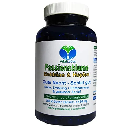 PASSIONSBLUME + BALDRIAN + HOPFEN. 180 GUTE Nacht - SCHLAF Gut Kapseln - In der Ruhe liegt die Kraft - Beruhigung & Entspannung + Einschlafen & Durchschlafen. OHNE ZUSATZSTOFFE. 26690-180