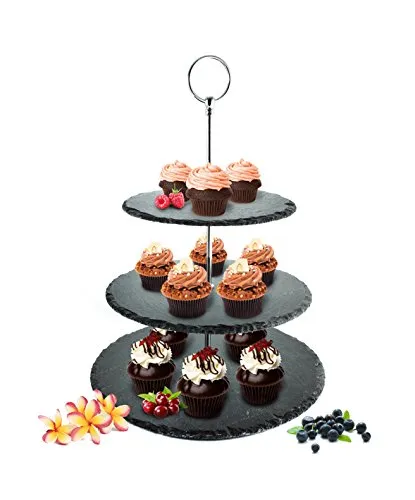 Sendez Etagere 3 Stöckig Ø30cm aus Schiefer Kuchenplatte Kuchenständer Servierständer