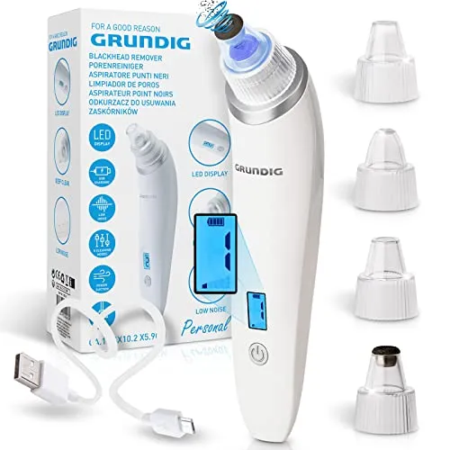 GRUNDIG Porenreiniger - Mitesserentferner mit VAKUUM G+ Technologie, 5 Wirkstufen und 4 Pflegeaufsätzen für klare und frische Haut