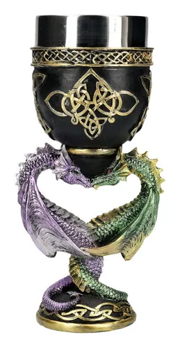 Figuren Shop GmbH Drachen Kelch – Fantasy Becher mit Herzsymbol - Majestätischer Drachen Kelch aus Kunststein, detailreich handbemalt und mit robustem Edelstahl-Einsatz. Ideal für besondere Anlässe oder als beeindruckendes Sammlerstück. Höhe: 19,5 cm, Fassungsvermögen: ca. 200 ml.